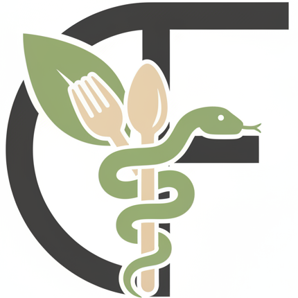 Foodherapy Logo: Überlagerte Buchstaben F und D in Schwarz, umgeben von beigem Löffel und Gabel; eine grüne Schlange windet sich um das Besteck ähnlich dem Äskulapstab, ergänzt durch ein grünes Blatt – Symbol für ganzheitliche Ernährung und Gesundheit