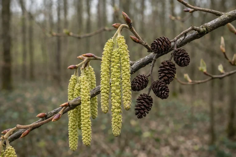 Erlenkätzchen an einem Zweig – typische Frühblüher, deren Pollen bei vielen Menschen eine Pollenallergie auslösen.