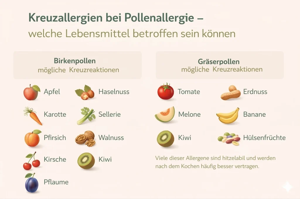 Infografik zu Kreuzallergien bei Pollenallergie mit typischen Lebensmitteln bei Birken- und Gräserpollenallergie
